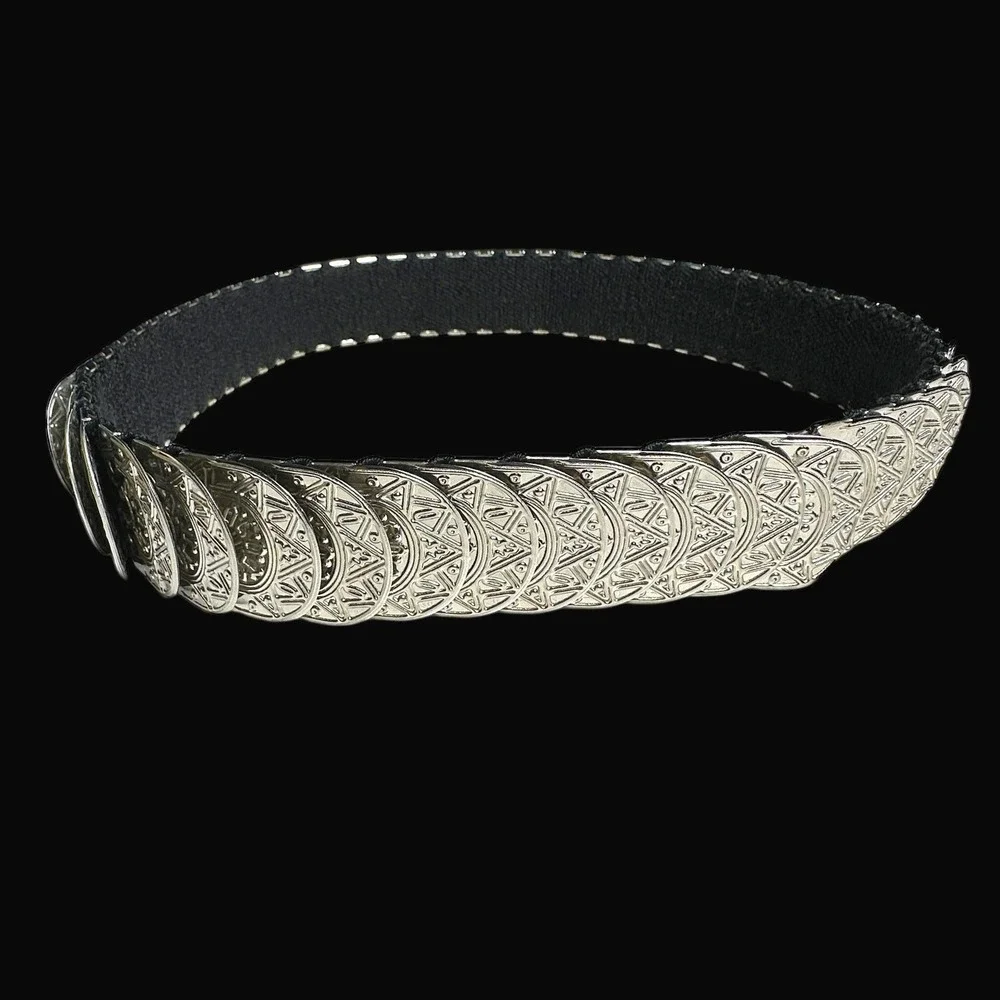 Womens‎ Ornate Coin Belt Elastic Band Silver Tone Statement Accent Vintage